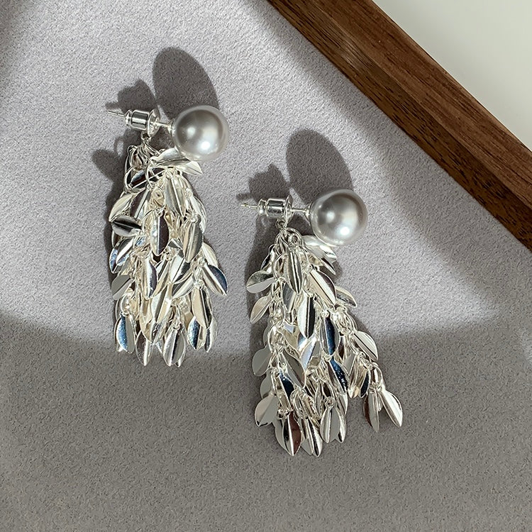 Leaf Dangle Pearl Stud Earrings