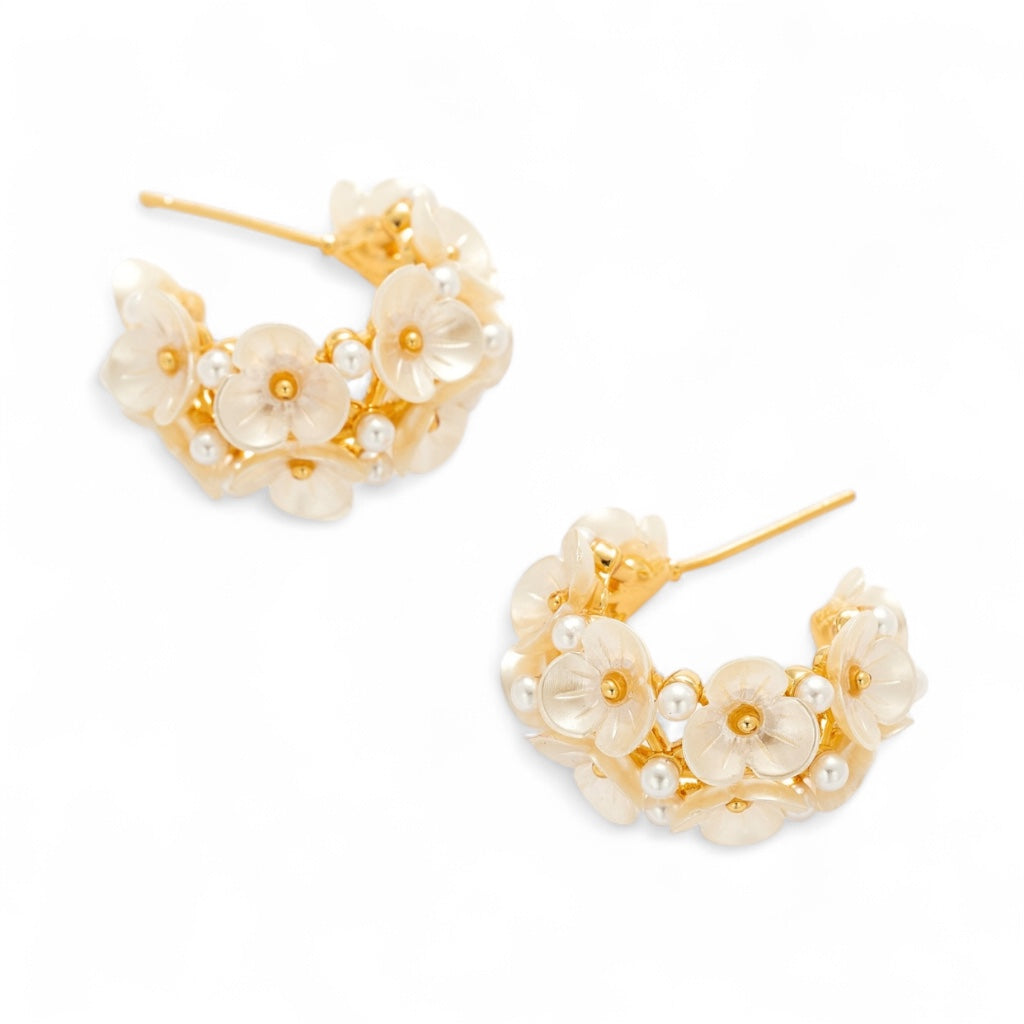 Floral Hoop Earrings shown from side angle highlighting floral details on white background