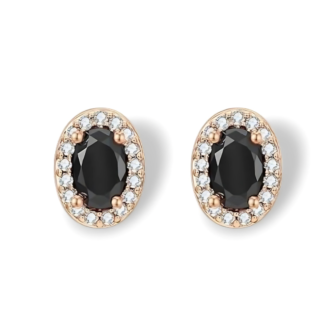 Gemstone Earrings with gold-tone setting and colorful gemstones on white background