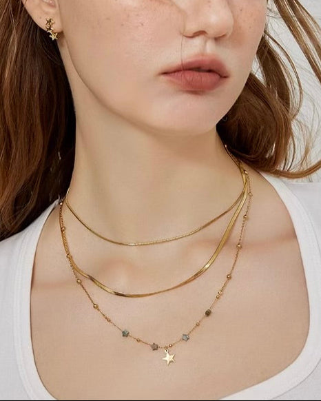 Necklace close-up showing pendant detail worn by model