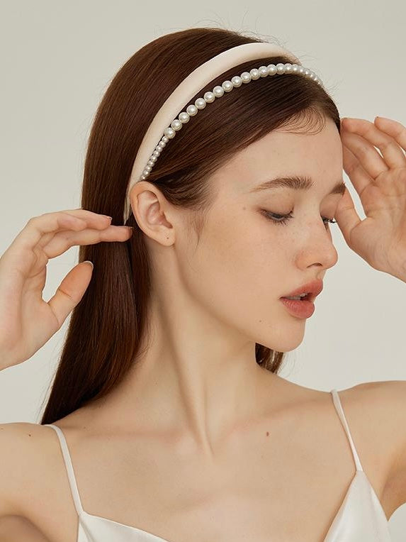 Pearl Headband worn by model in relaxed setting with casual outfit