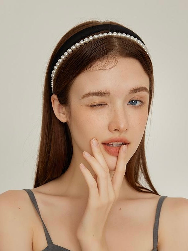 Pearl Headband styled on model with elegant hairstyle and accessories