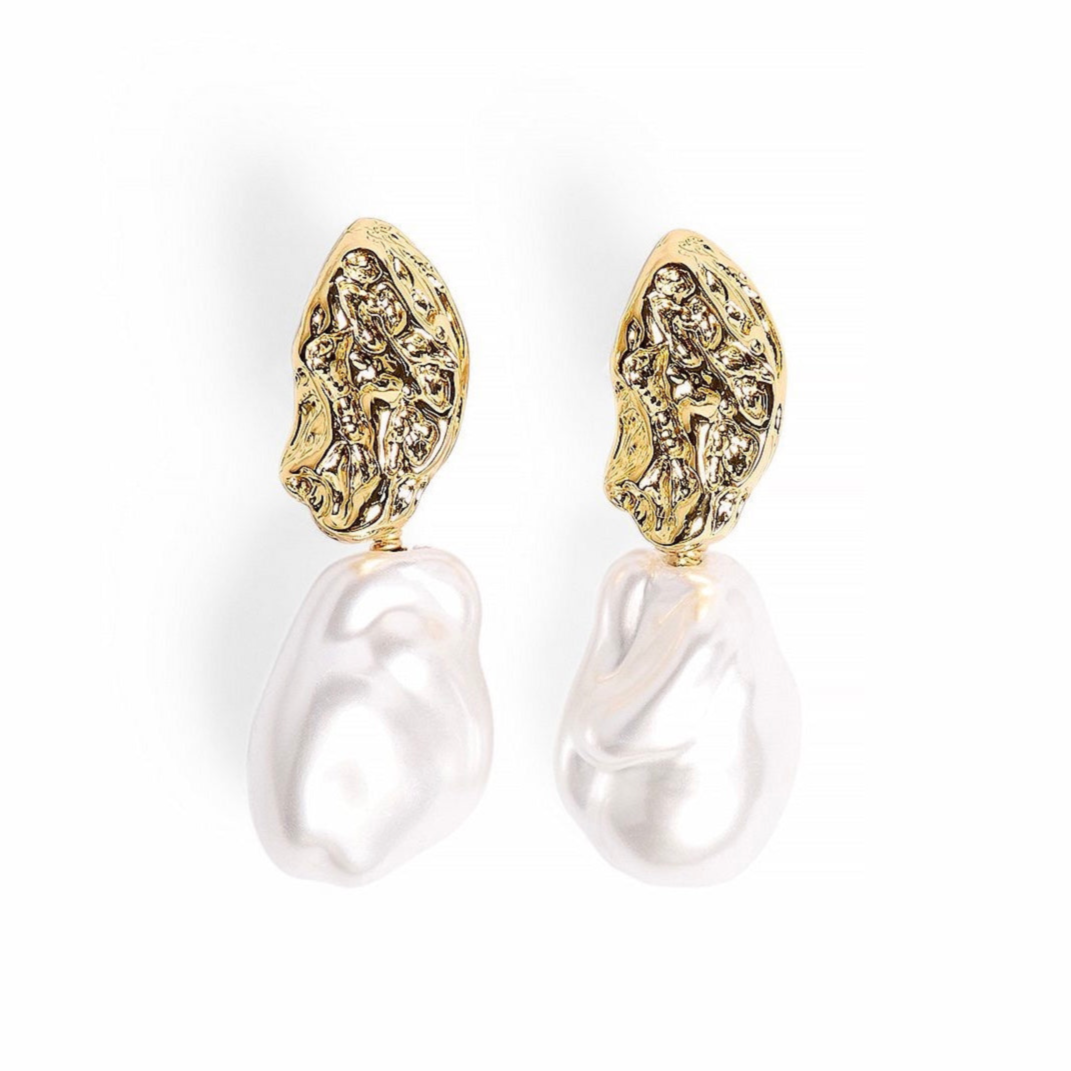 Sculpted Pearl Earrings with organic gold design and pearl accents on white background