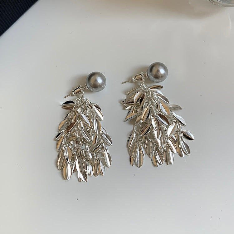 Leaf Dangle Pearl Stud Earrings