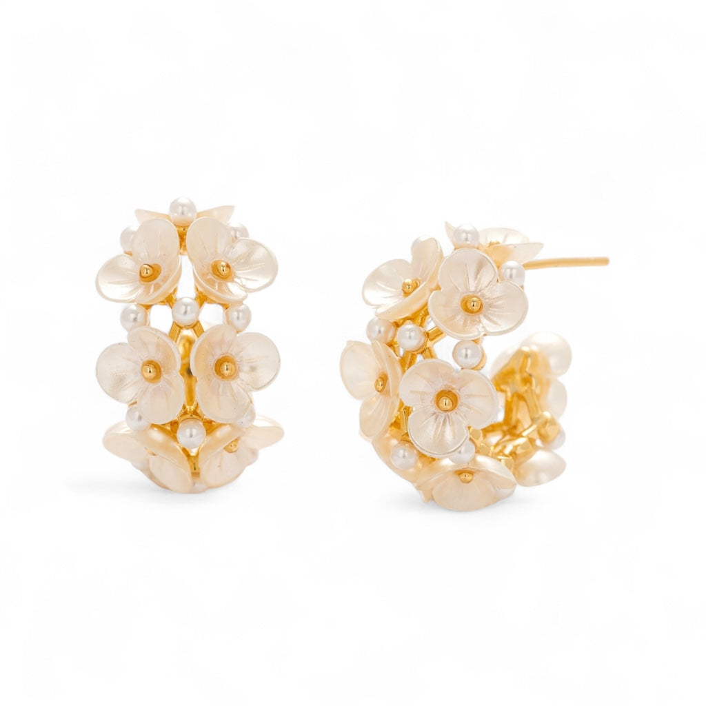 Floral Hoop Earrings with gold-tone floral accents on white background
