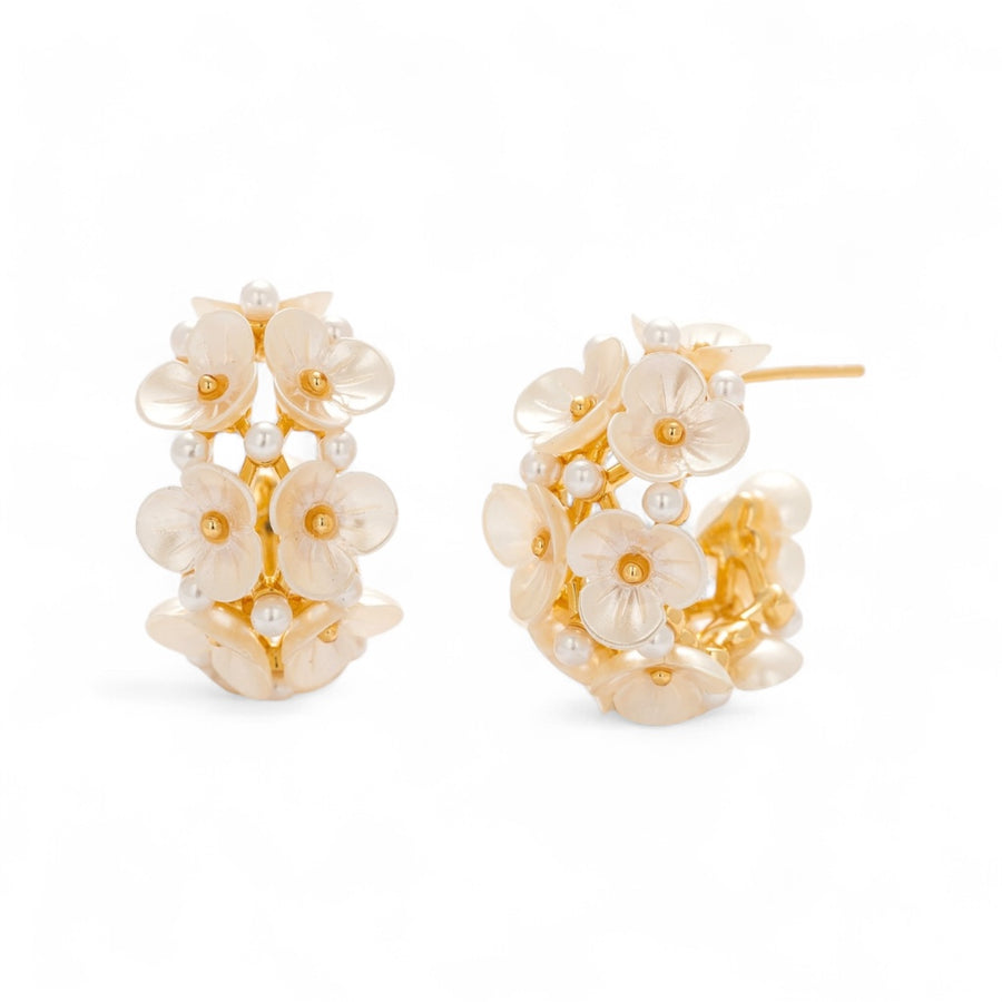 Floral Hoop Earrings with gold-tone floral accents on white background
