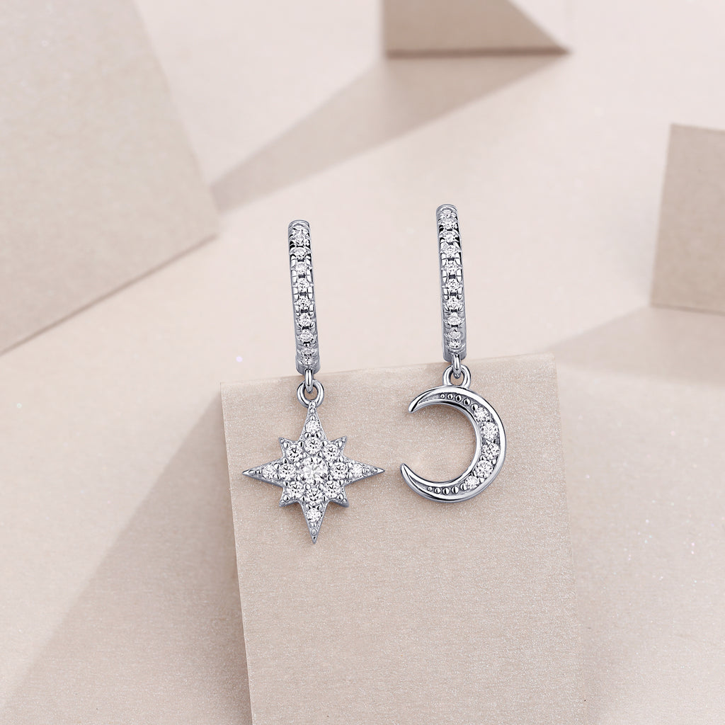 Star & Moon Asymmetrical Moissanite Earrings