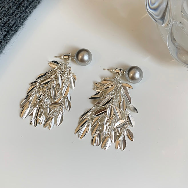 Leaf Dangle Pearl Stud Earrings