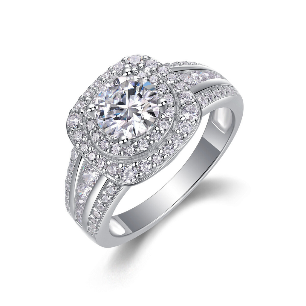Double Halo Moissanite Crown Ring
