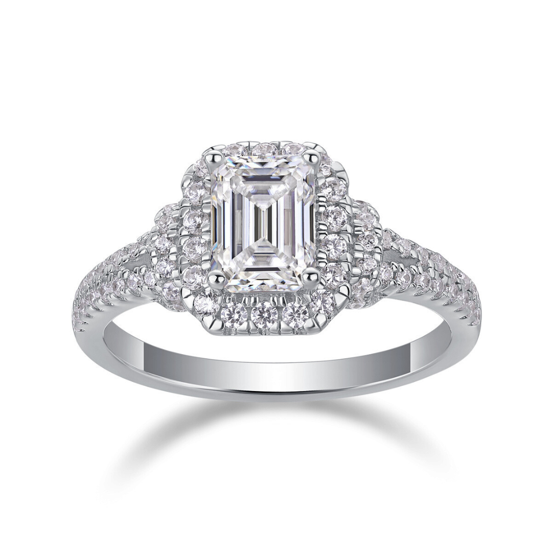 Emerald-Cut Halo Moissanite Ring