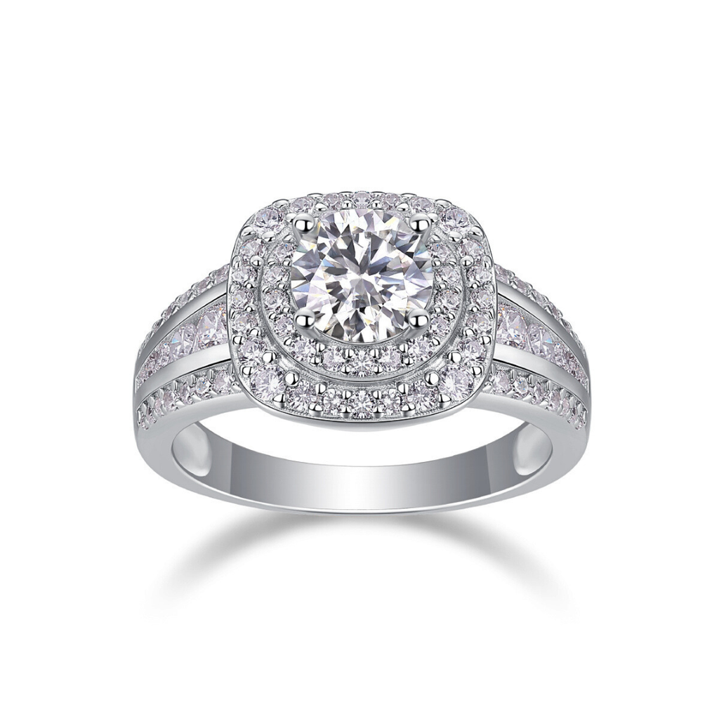 Double Halo Moissanite Crown Ring