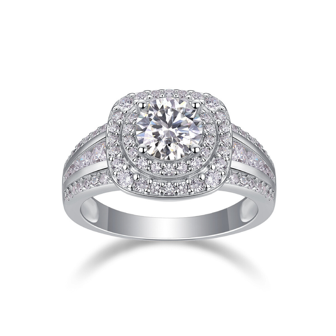 Double Halo Moissanite Crown Ring