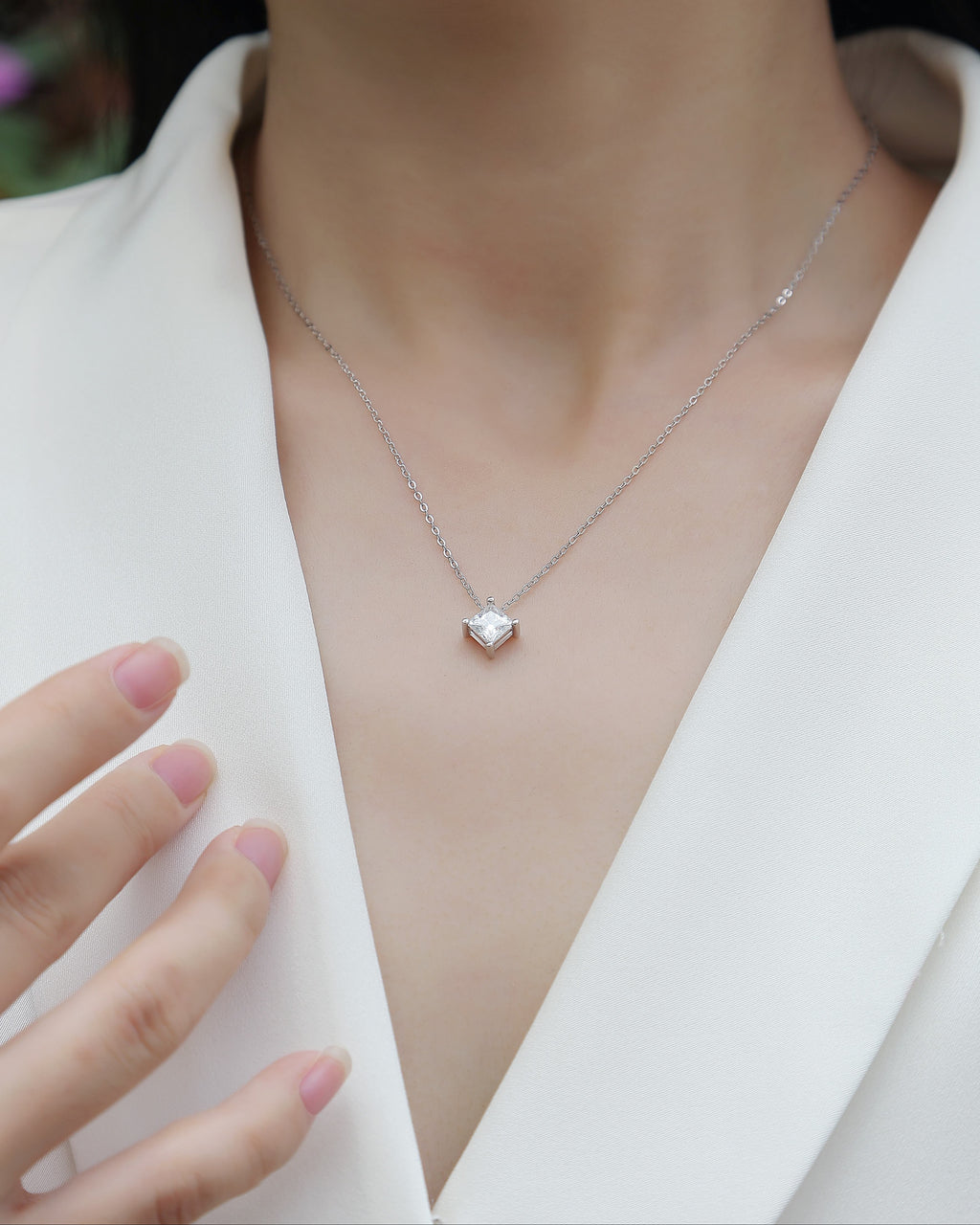 Square Moissanite Solitaire Pendant Necklace