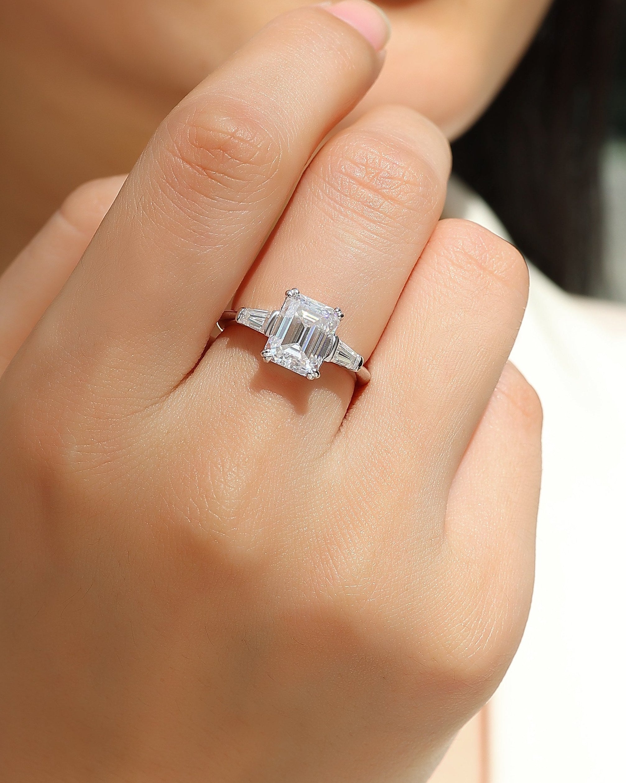 Emerald Cut Moissanite Three-Stone Ring