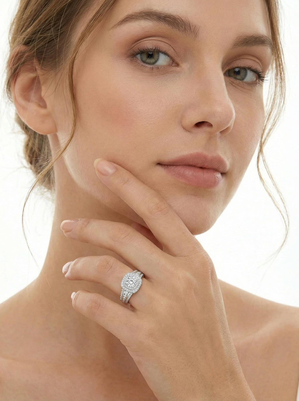 Double Halo Moissanite Crown Ring