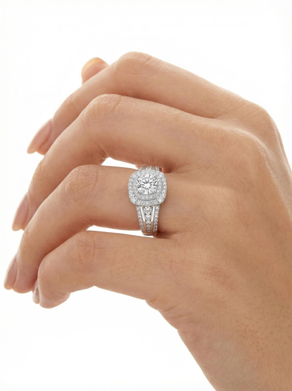 Double Halo Moissanite Crown Ring