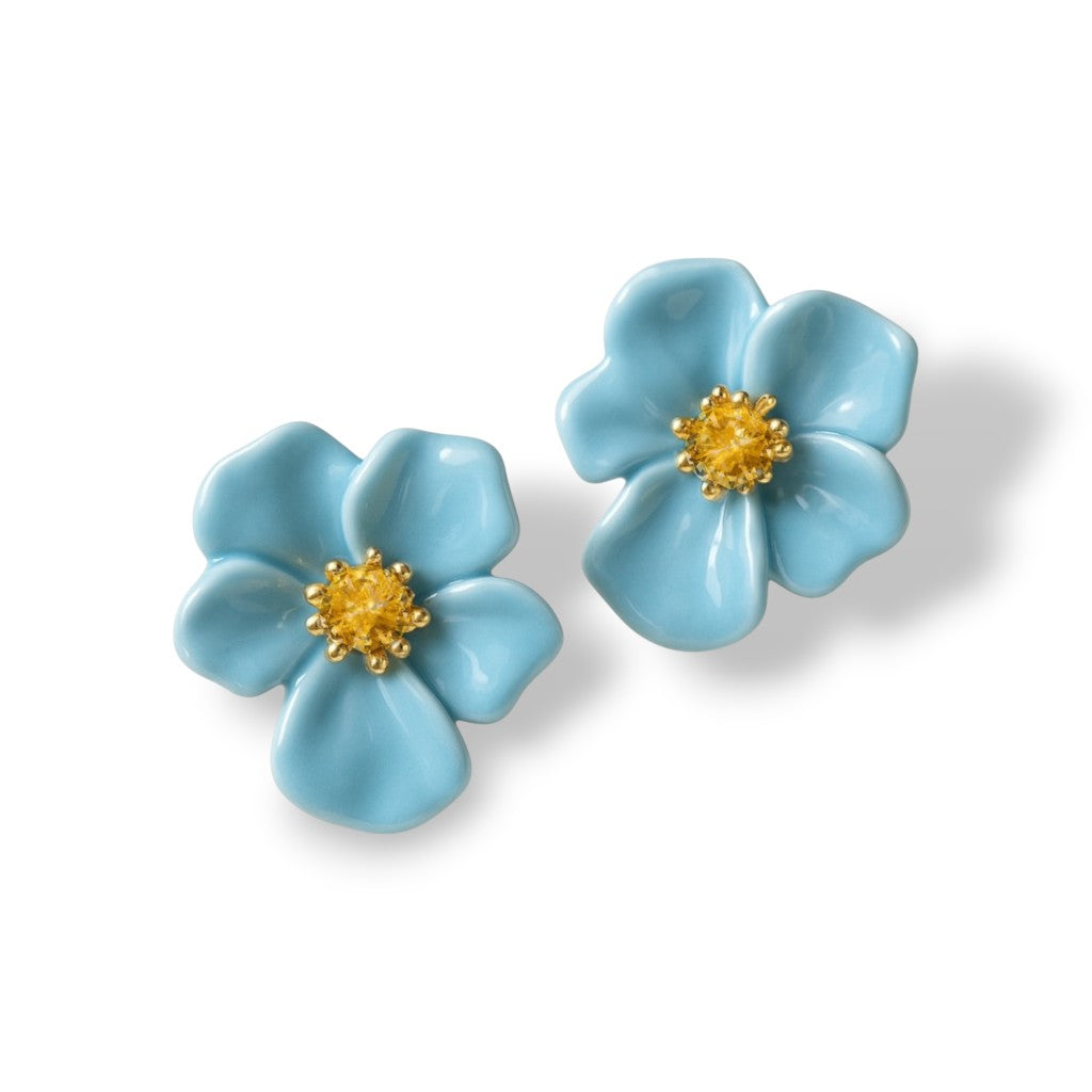 Blue Blossom Floral Stud Earrings with hand-glazed ceramic flower design
