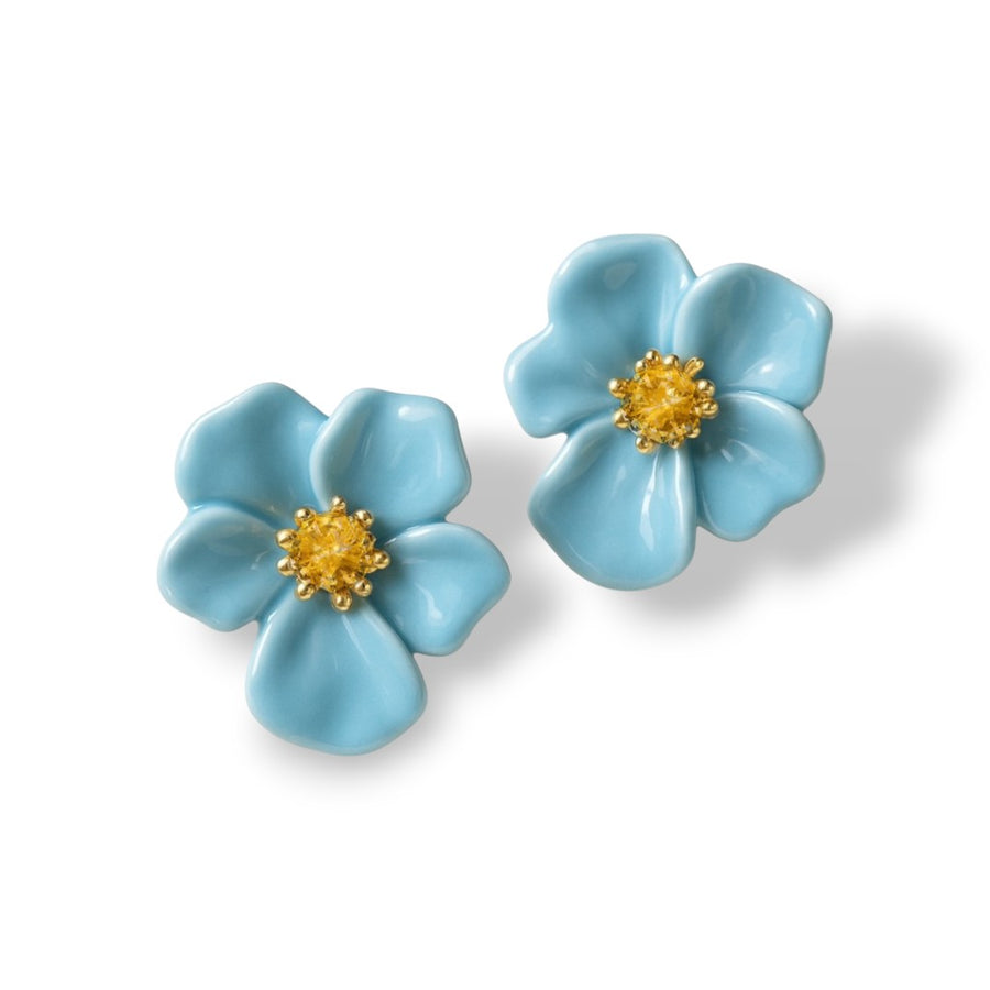 Blue Blossom Floral Stud Earrings with hand-glazed ceramic flower design
