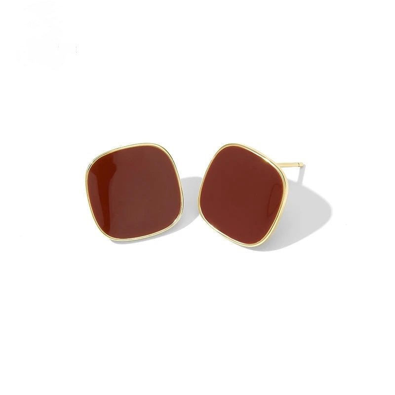 Bordeaux red enamel square gold stud earrings, vintage style