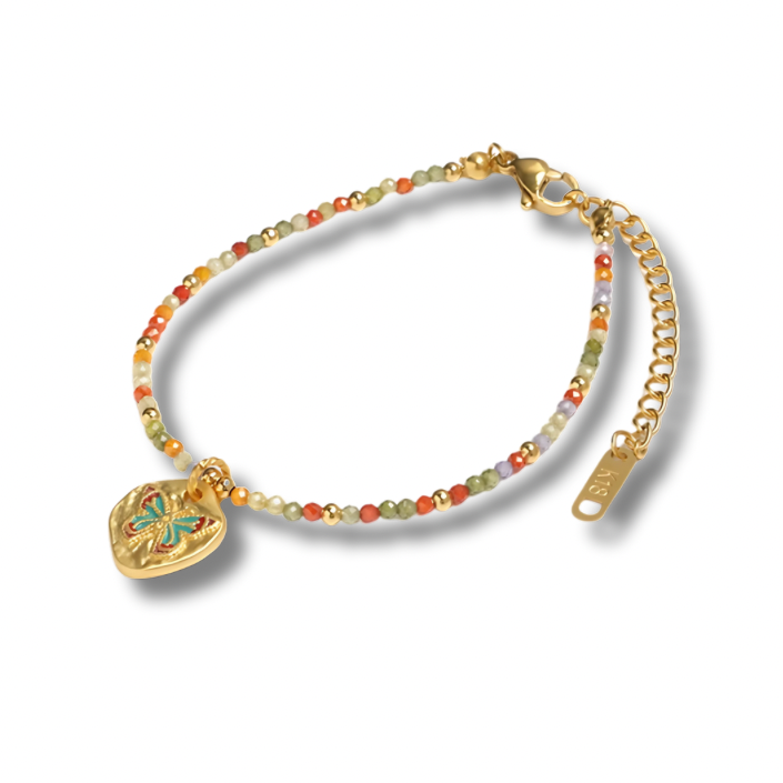 Butterfly Bloom Beaded Bracelet with colorful beads and butterfly charm on white background