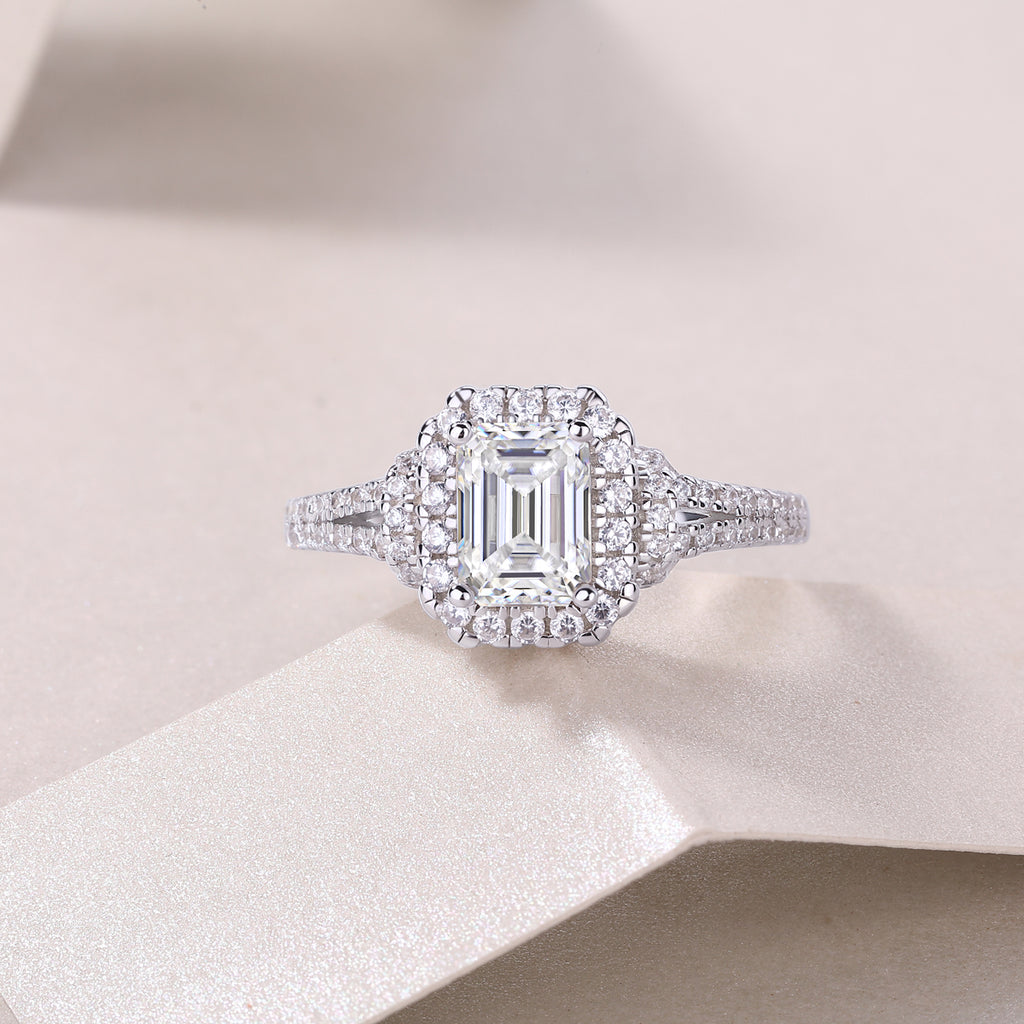 Emerald-Cut Halo Moissanite Ring