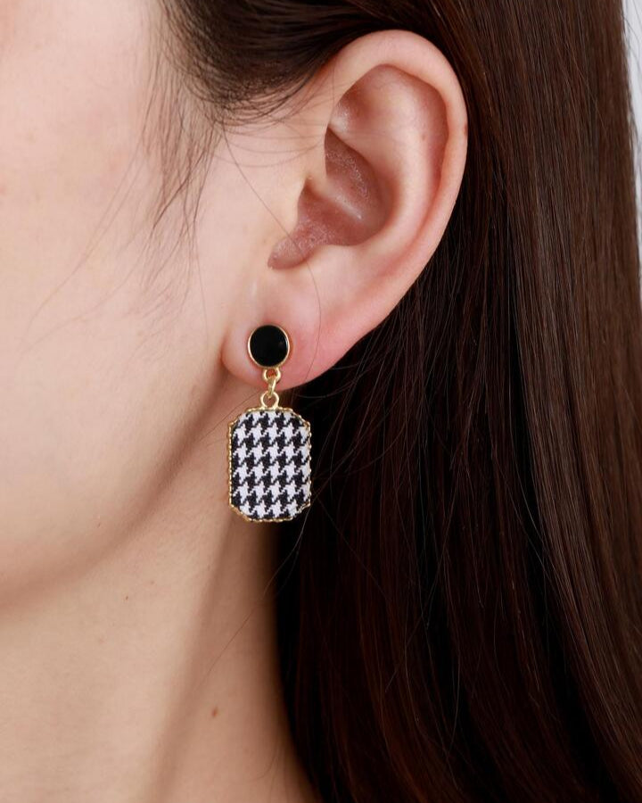 Classic Houndstooth Fabric Earrings worn by model showcasing black and white pattern

