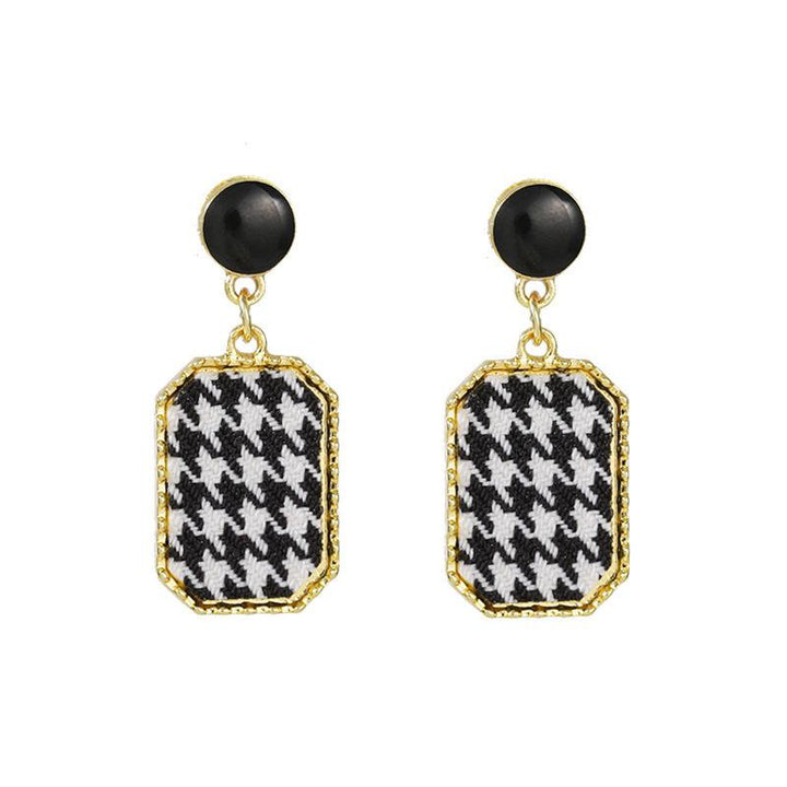 Classic Houndstooth Fabric Earrings in black and white pattern with gold trim, stylish fabric earrings for women
