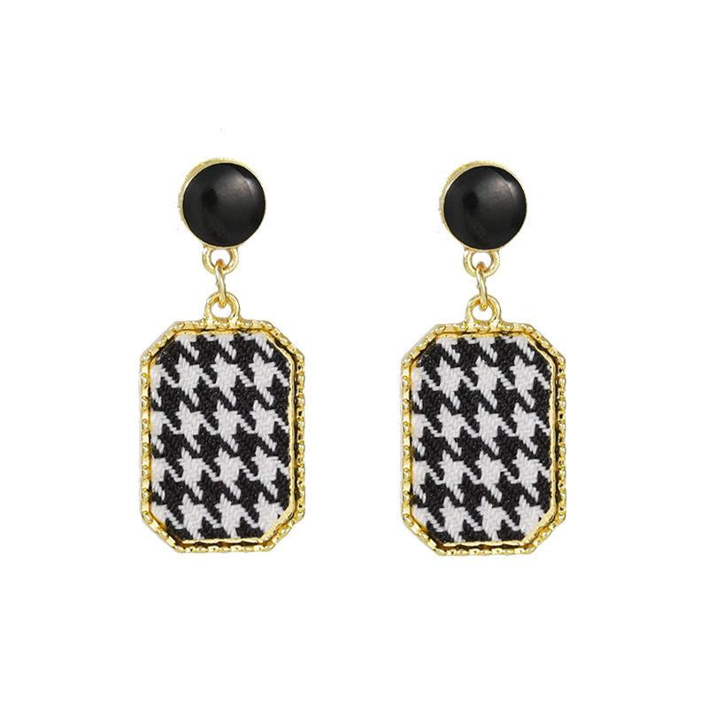 Classic Houndstooth Fabric Earrings in black and white pattern with gold trim, stylish fabric earrings for women
