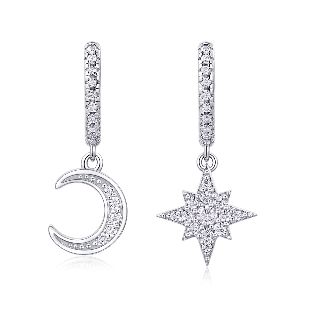 Star & Moon Asymmetrical Moissanite Earrings