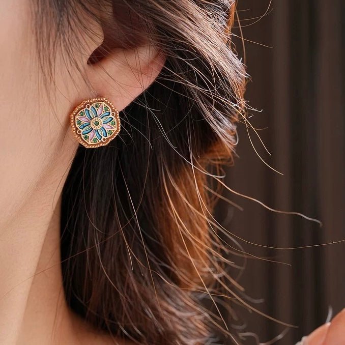 Enamel Stud Earrings worn by model showing gold and enamel detail