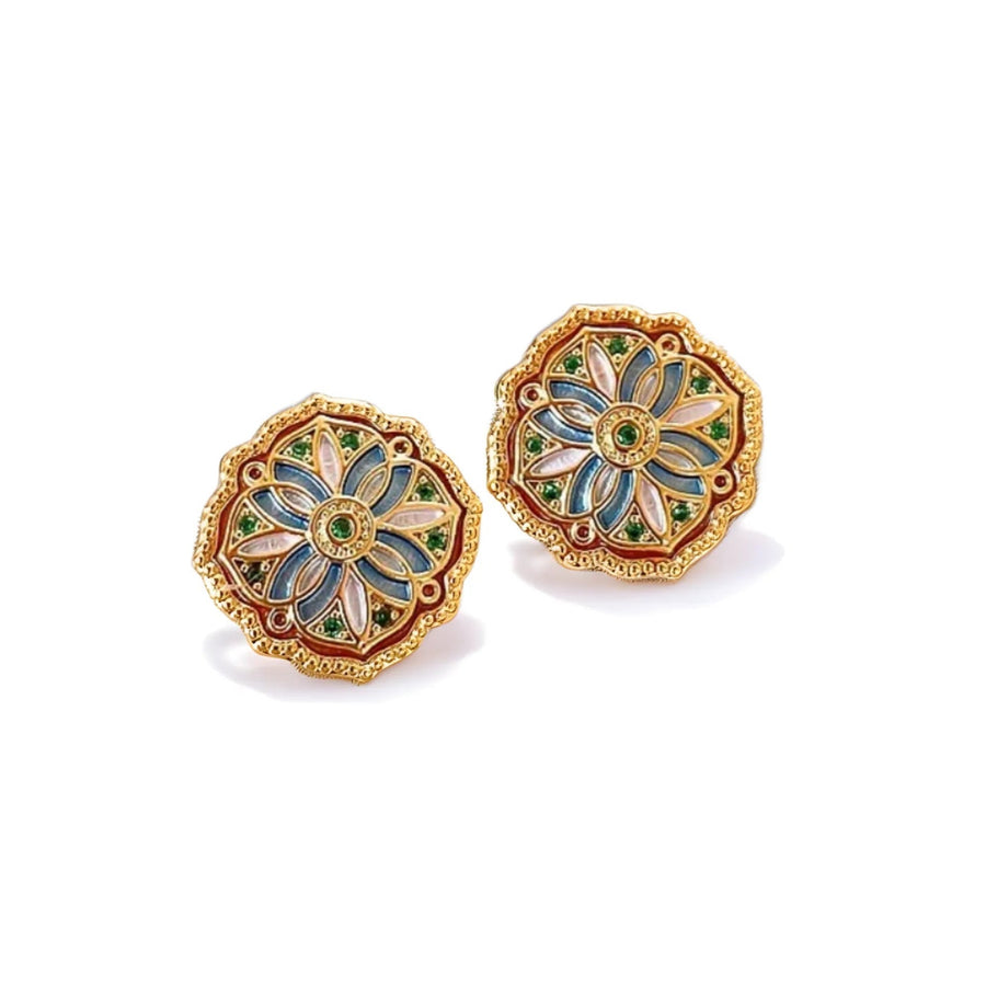 Enamel Stud Earrings with gold setting and colored enamel on white background