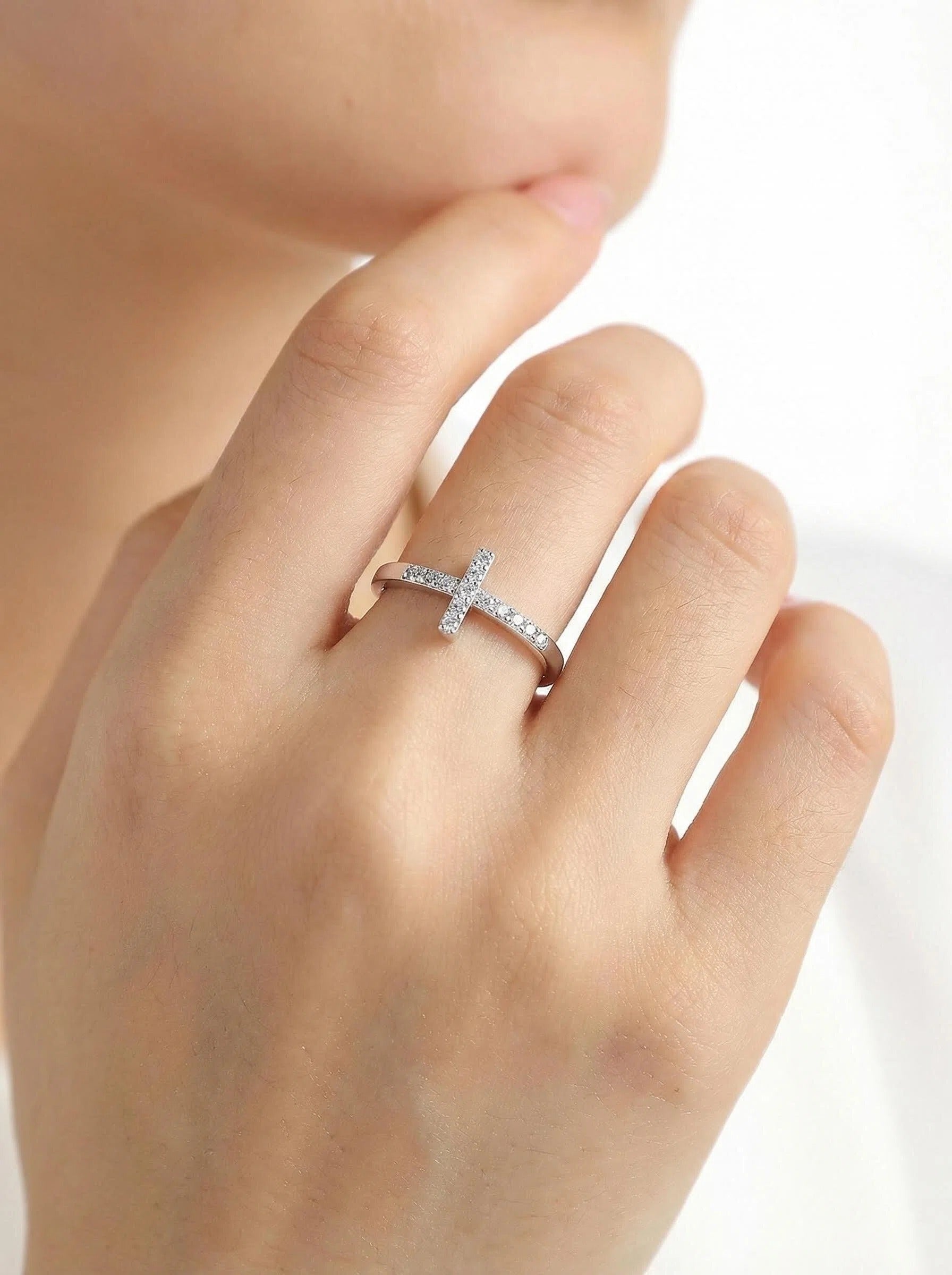 Minimalist Cross Moissanite Ring
