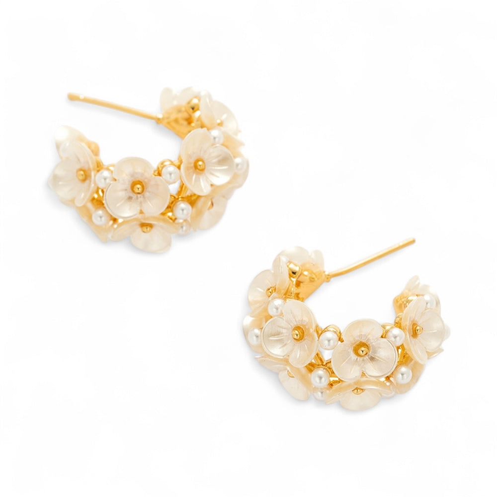 Floral Hoop Earrings shown from side angle highlighting floral details on white background
