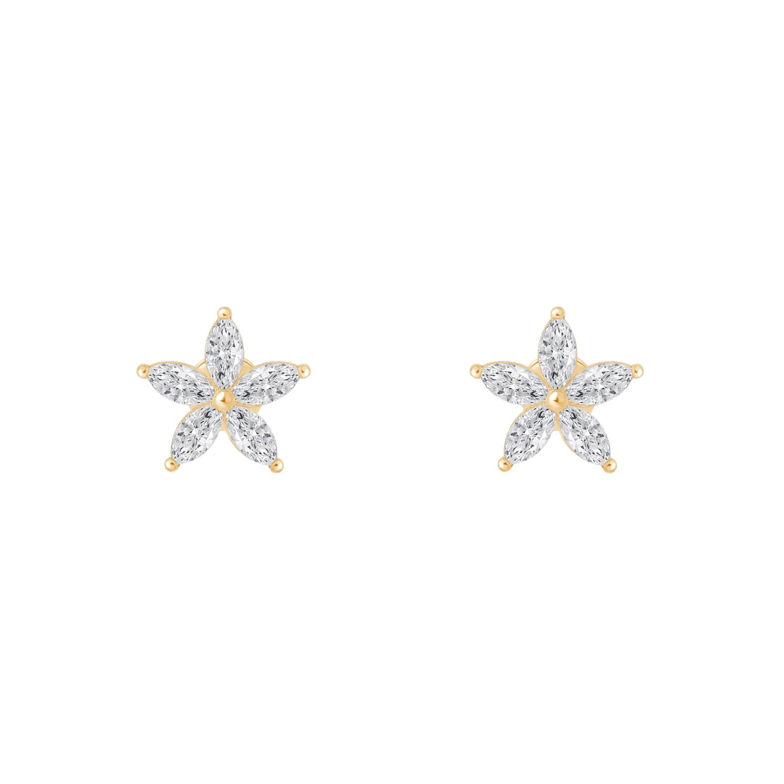Star-shaped earrings with gold and clear gemstones on a white background