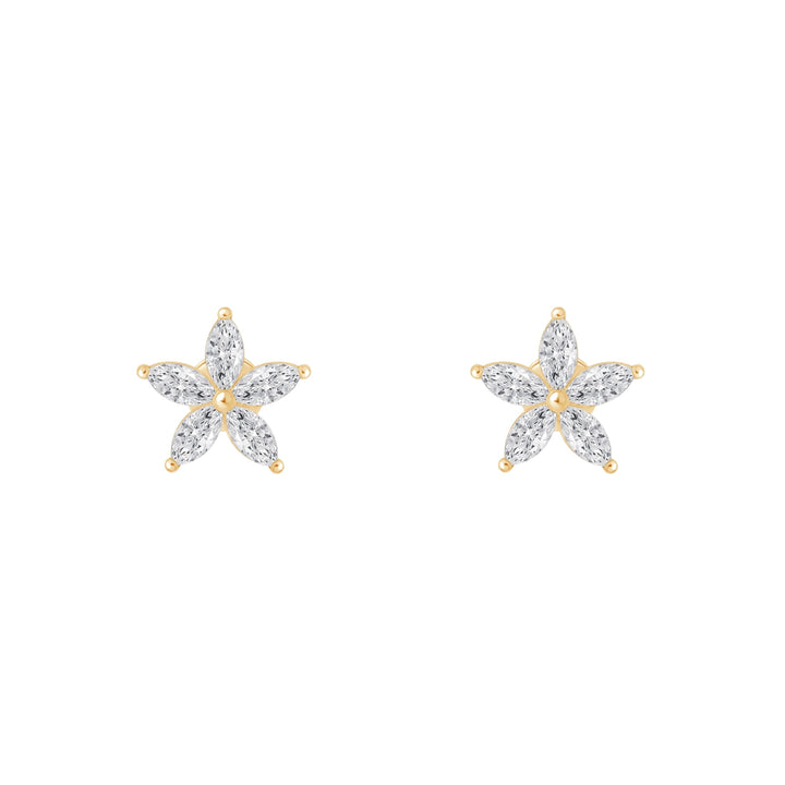 Star-shaped earrings with gold and clear gemstones on a white background