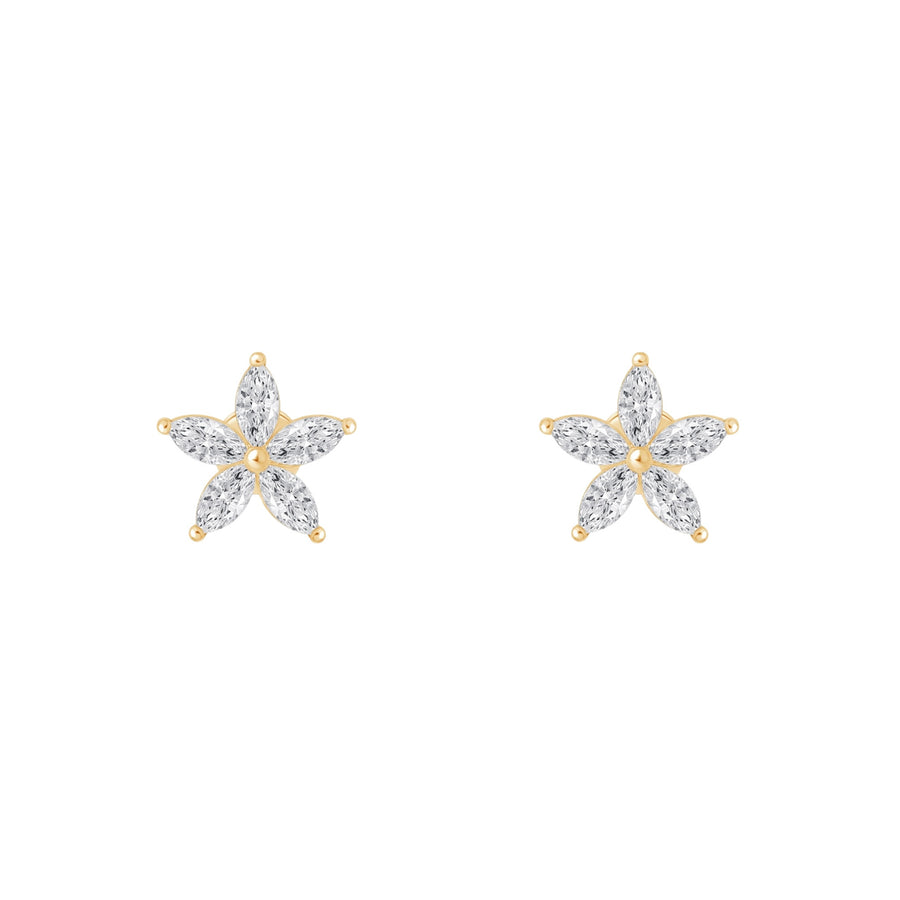 Star-shaped earrings with gold and clear gemstones on a white background