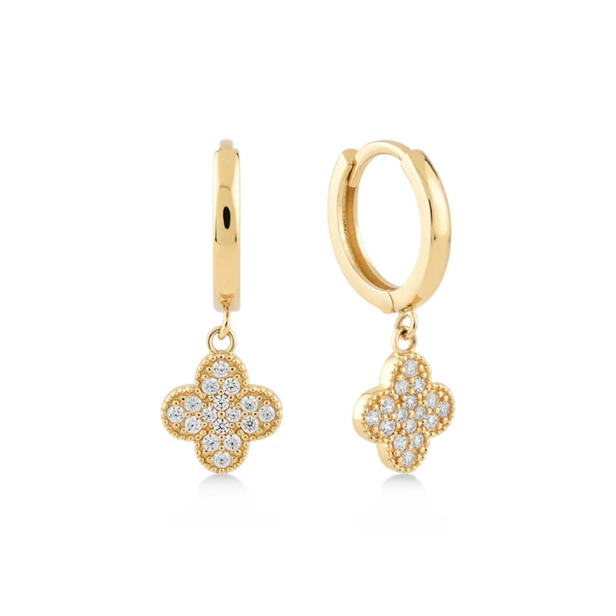 Gold clover earrings with four leaf clover hoop design
