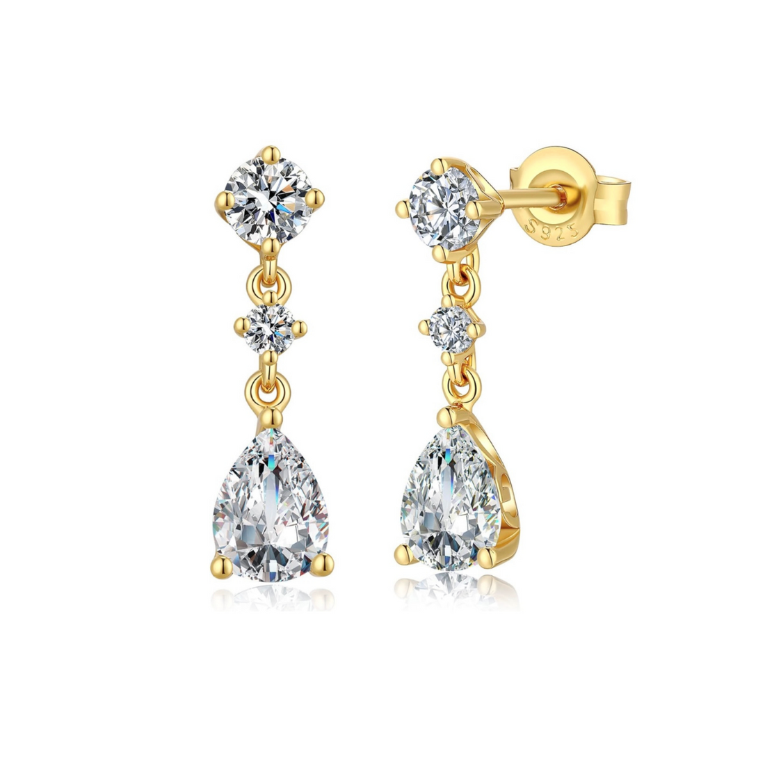 Gold earrings with clear gemstones on a white background