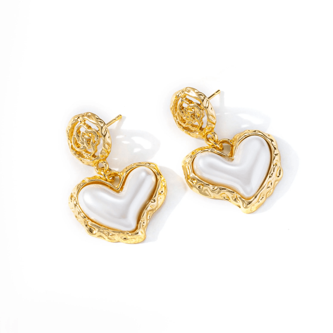 Heart Drop Earrings with gold-tone heart charms on white background
