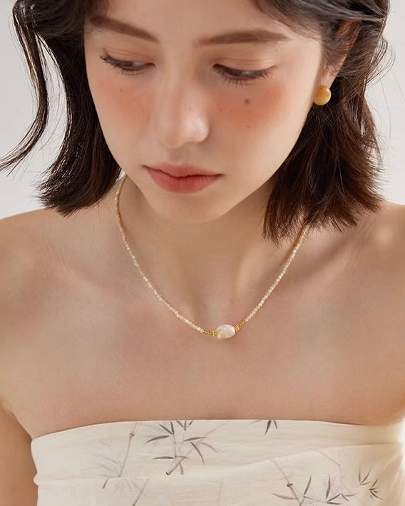 Natural Bead Necklace Set styled on model highlighting layered neckline look