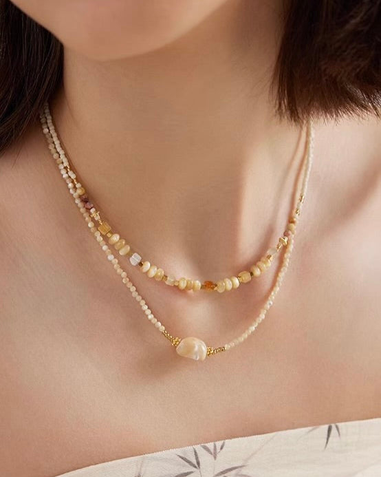 Natural Bead Necklace Set worn by model with casual outfit for natural layered styling