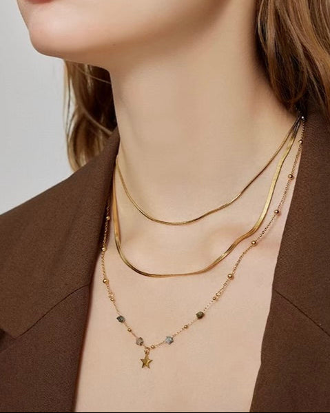 Necklace styled on model highlighting layered neckline look