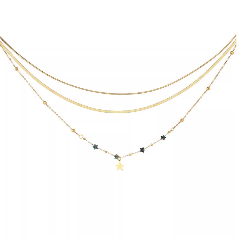 Necklace worn by model with casual outfit for layered styling