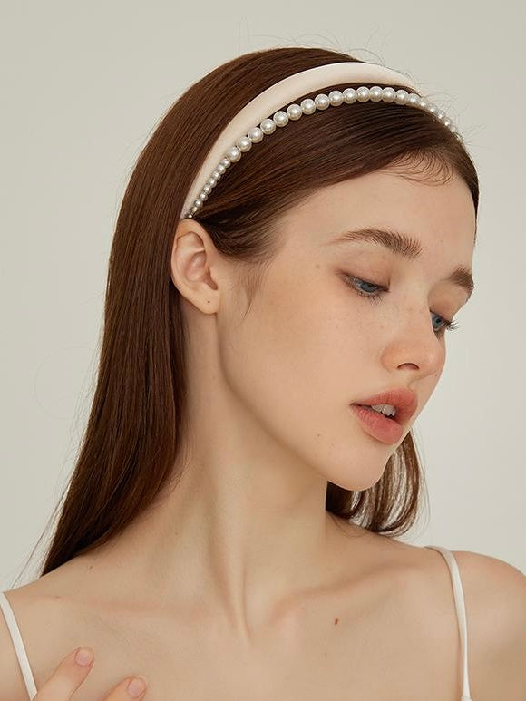 Pearl Headband close-up worn by model showing pearl detail and texture