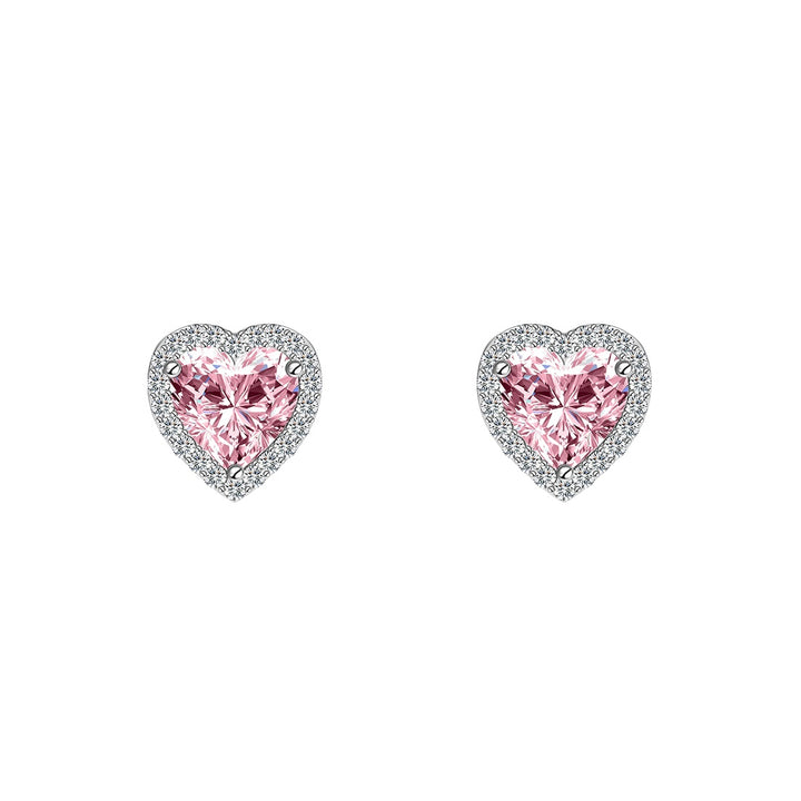 Heart-shaped pink gemstone earrings with silver surround on a white background