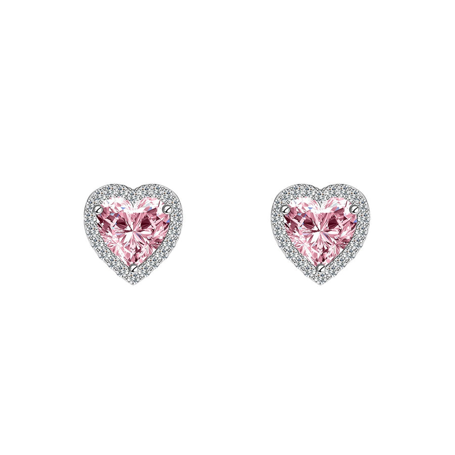 Heart-shaped pink gemstone earrings with silver surround on a white background