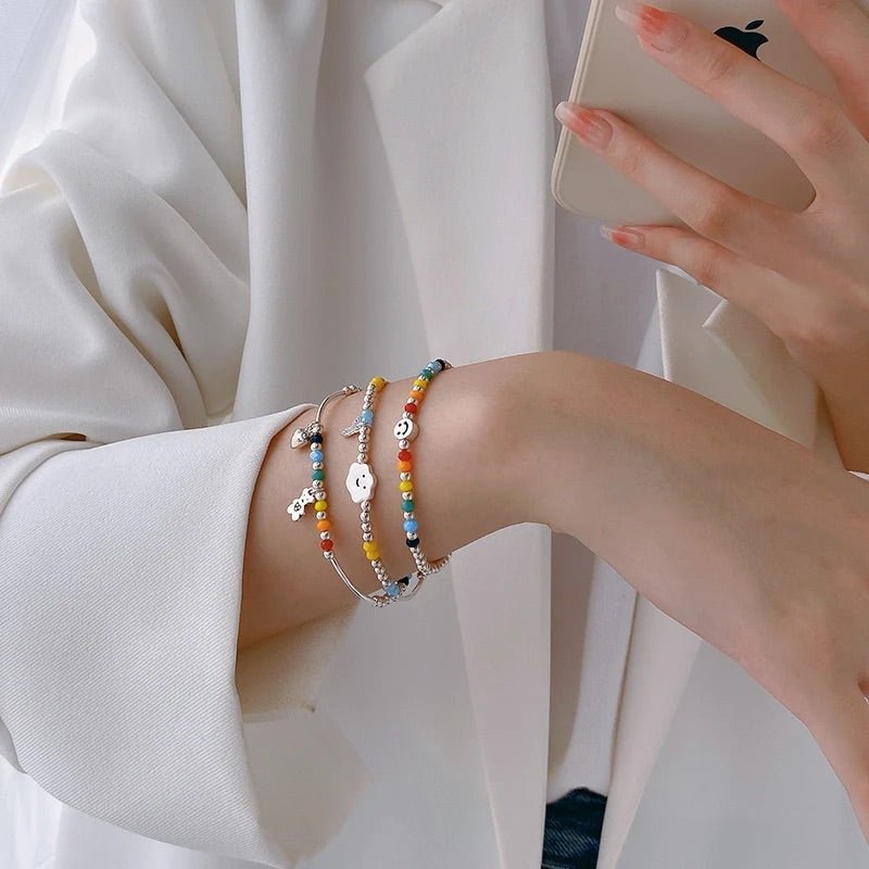 Rainbow Bracelet close-up worn on model showing vibrant bead colors
