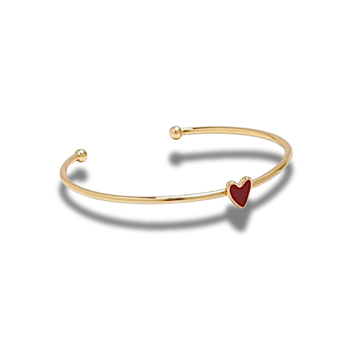 Red Heart Bangle with enamel heart detail on gold-tone bangle on white background