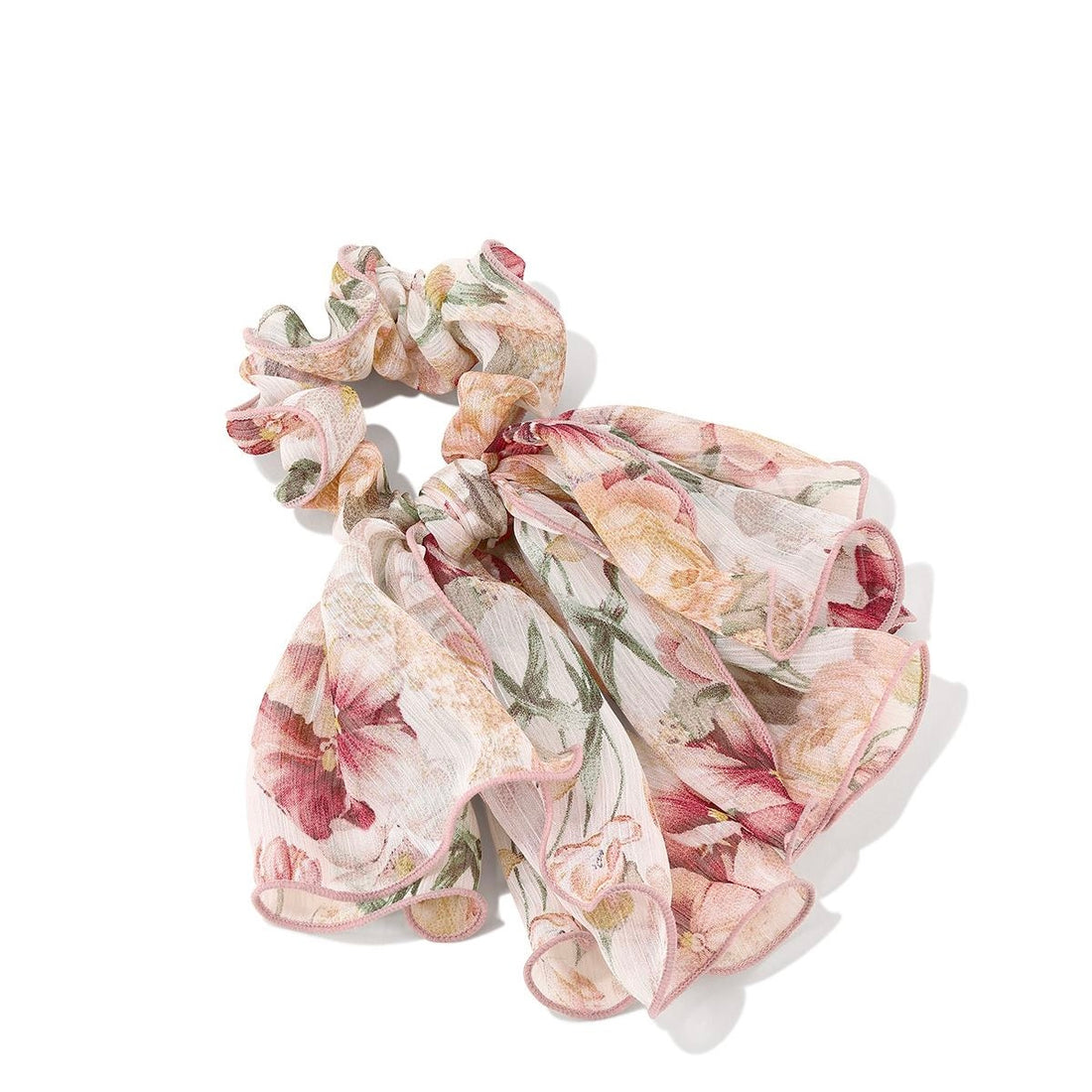 Romantic Floral Bow Scrunchie with floral print and bow detail on white background