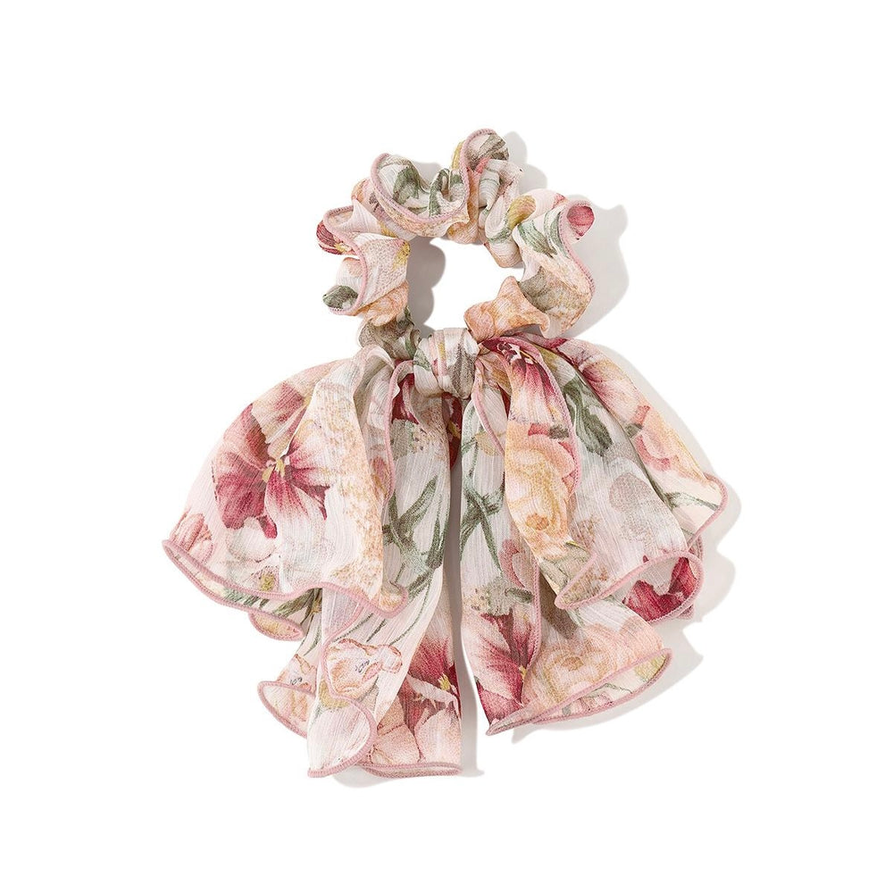 Romantic Floral Bow Scrunchie on white background showing side angle of floral bow design